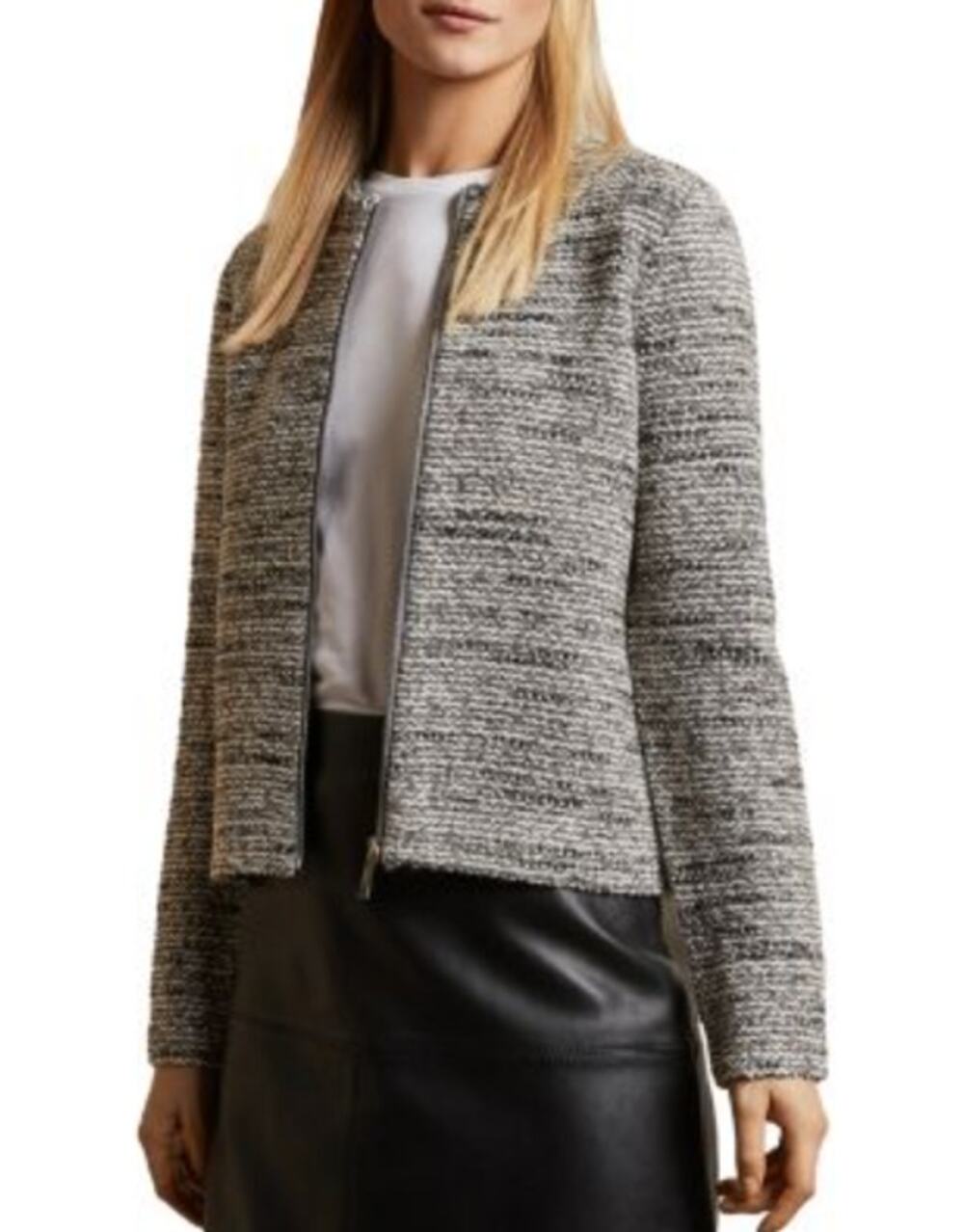 TED BAKER Helyinn Zip Front Boucle Collarless Soft Crop Jacket Size 4 Gray Gold
